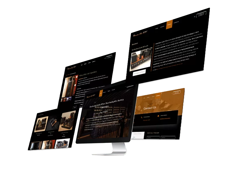 Several floating monitor screens display website pages with dark backgrounds and gold accents, showcasing cutting-edge graphics. One screen is supported by a stand, emphasizing the seamless integration of design and SEO in web development.
