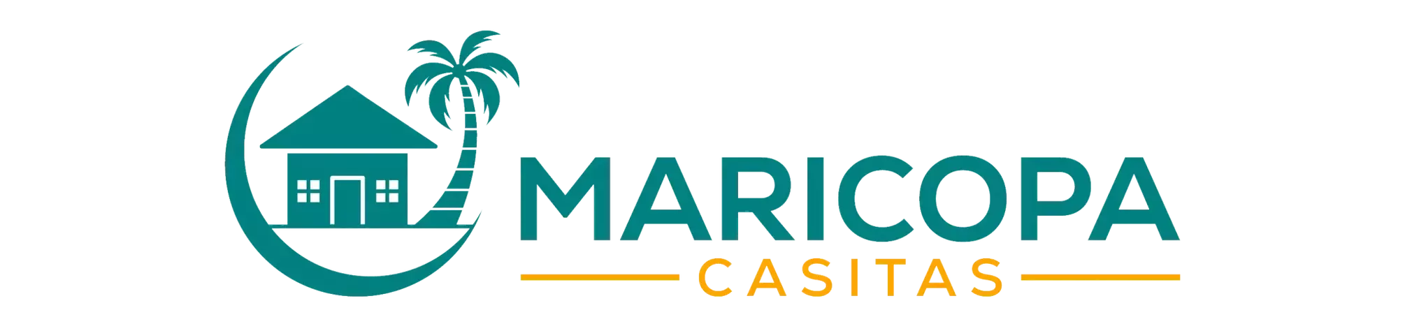 Logo featuring a teal house with a palm tree, enclosed in a semicircle, alongside the text 