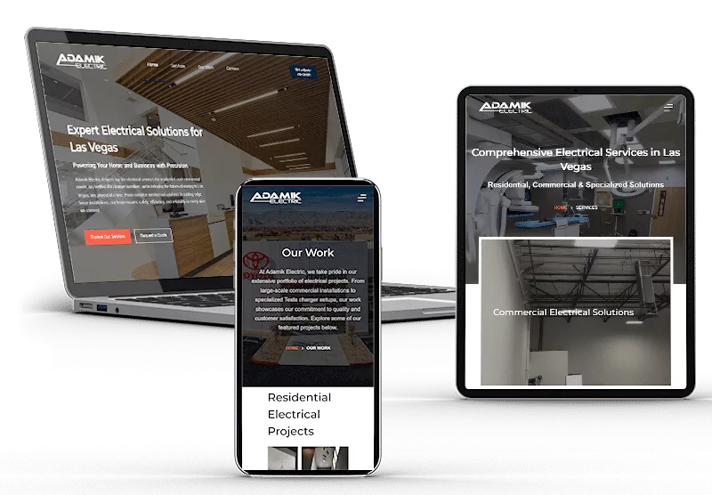 A laptop, smartphone, and tablet showcase an electrical services website featuring projects in Las Vegas. Perfect for a small business focused on development and SEO, the site highlights their impressive expertise through captivating images and informative content.