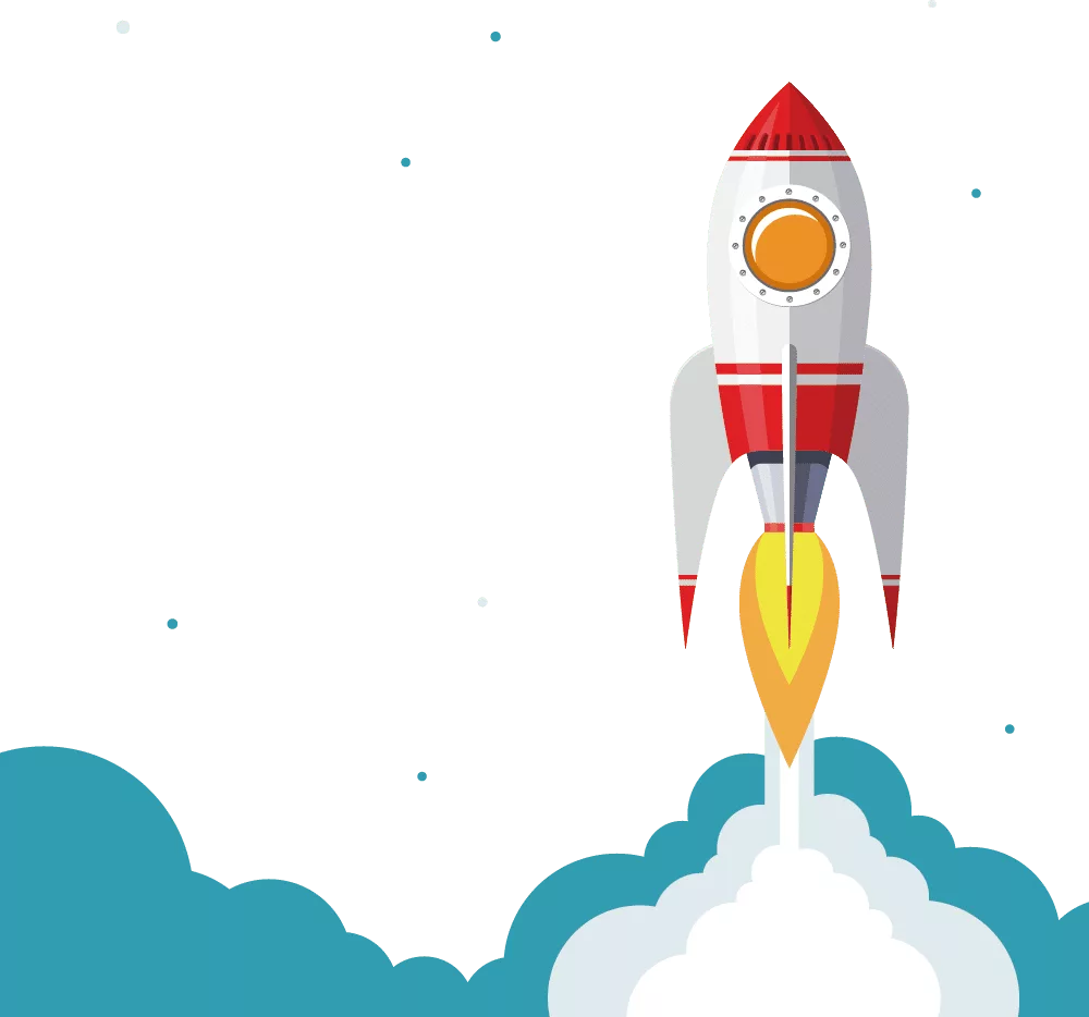 Illustration of a red and white rocket launching upwards, symbolizing the dynamic growth of a small business. Surrounded by clouds and small dots representing stars or space debris, this graphic captures the essence of ambition and development.