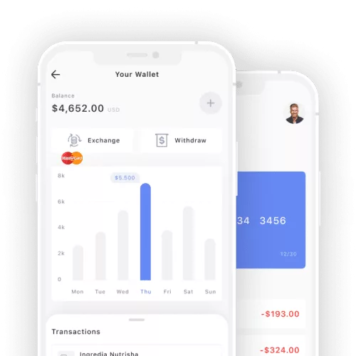 Two smartphone screens display a financial app interface, perfect for small business owners, showing wallet balance, transaction history, and a graph.