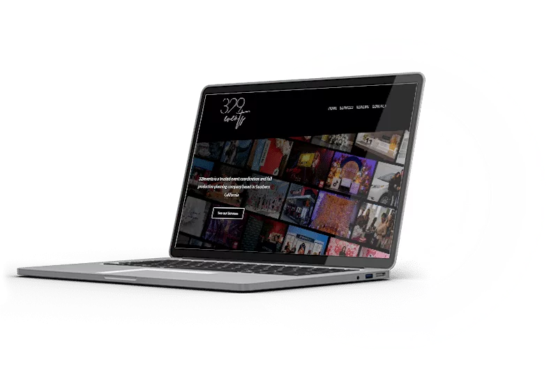 An open laptop showcases a vibrant homepage created with Divi, featuring a collage of colorful thumbnails.